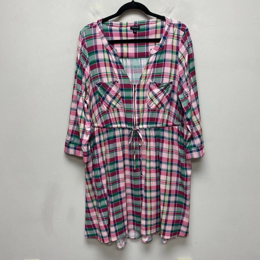 Torrid Womens Pink Green Plaid V-Neck Half Zip Tie Long Sleeve Shirt Dress